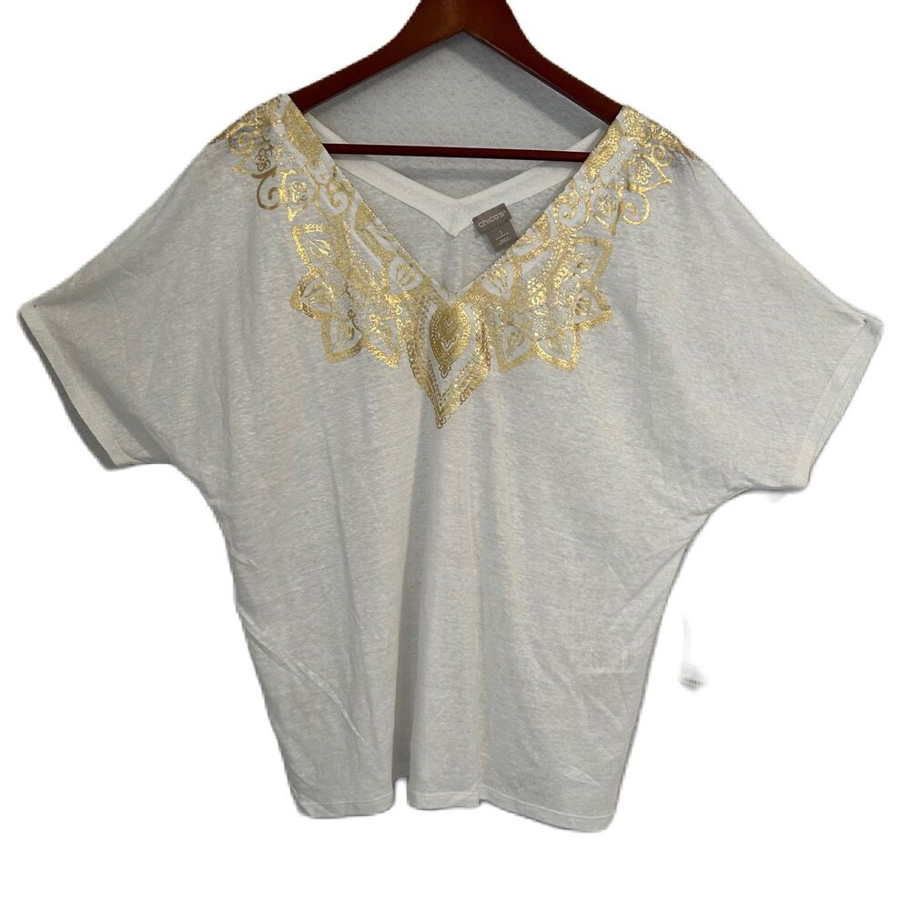 Chico's White Short Sleeve Tee with Gold Foil Embellishment